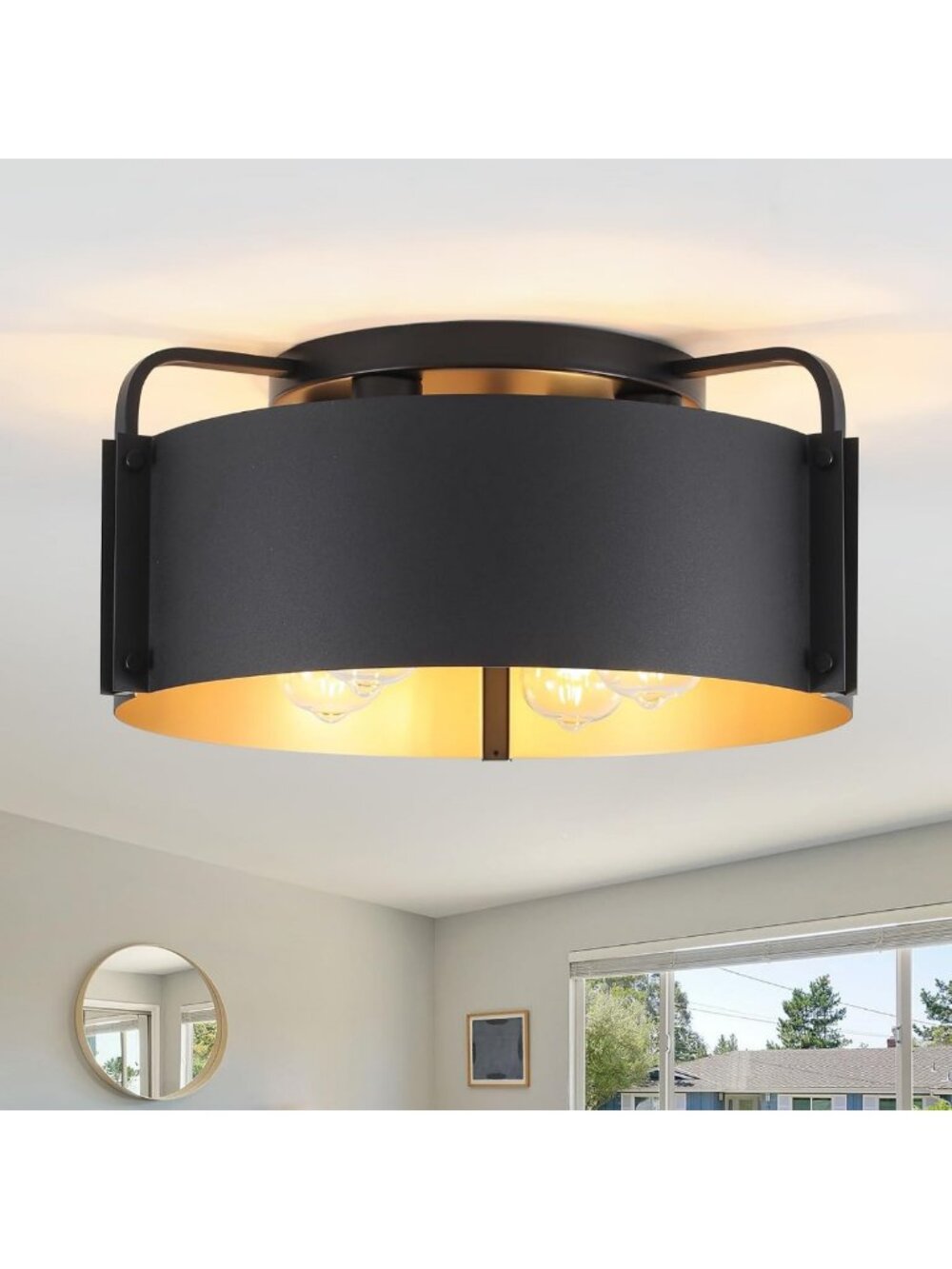 Industrial 4-Light Flush Mount Ceiling Light Fixture - Matte Black & Gold Accent